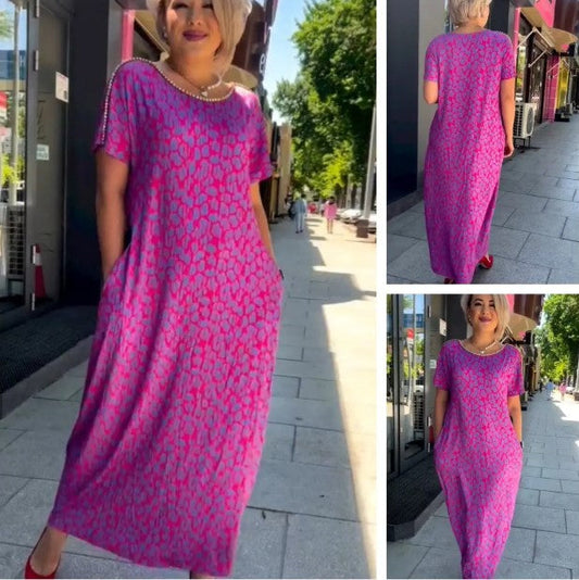 🔥50% OFF🔥Diamond Neck Pink Purple Floral Print Dress