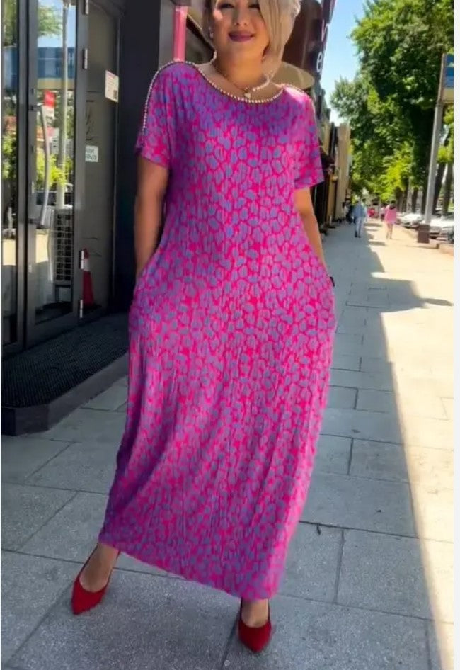 🔥50% OFF🔥Diamond Neck Pink Purple Floral Print Dress