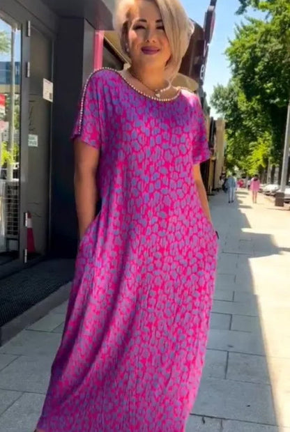 🔥50% OFF🔥Diamond Neck Pink Purple Floral Print Dress