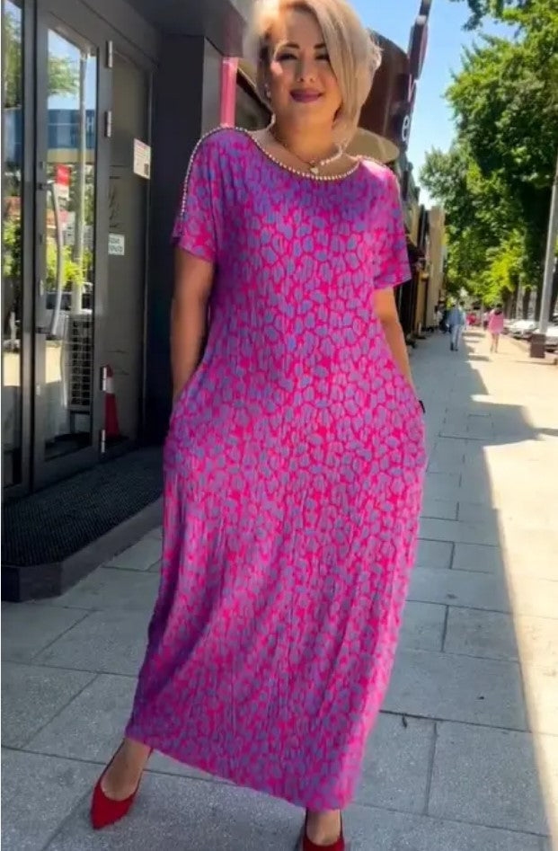 🔥50% OFF🔥Diamond Neck Pink Purple Floral Print Dress