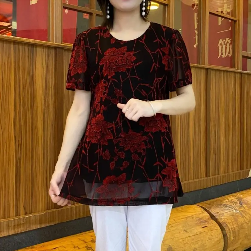 2024 Fashionable Floral Chiffon Shirt With Embroidered Flowers