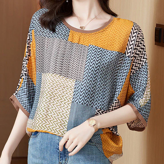 O-Neck Print Patchwork Silk Tops Half Sleeve