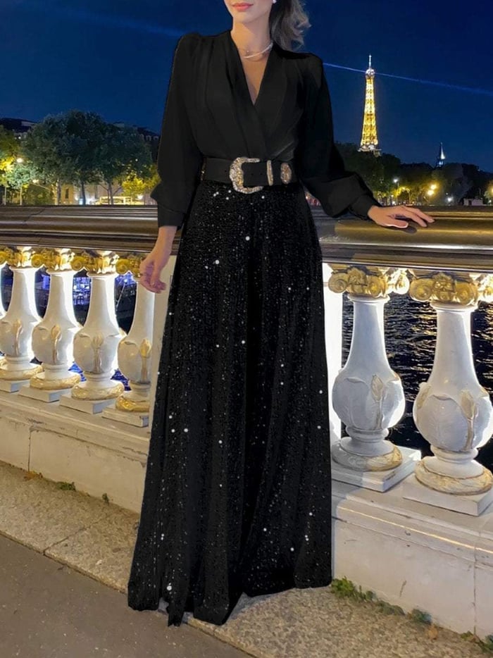 New Fashion V-neck Long Sleeve Shirt with Elegant Waist Slimming and Wide-leg Sequins