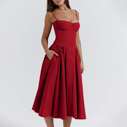 Spaghetti Strap Pleated Corset Midi Dress with Pocket