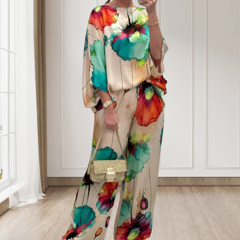 💕Stylish Watercolor Floral Print Loose 2-Piece Suit for Plus Size Women