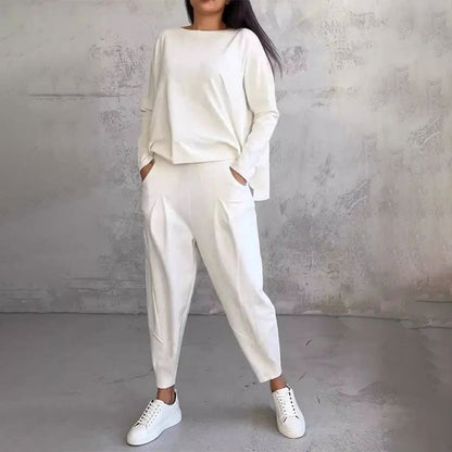 ⭐Begränsad tid 50% rabatt💕2-delat set för kvinnor: långärmad topp med rund hals + byxor 🧥+👖