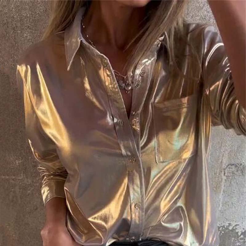 🍂Fall Specials 49% OFF🍂Women's Shimmer Metallic Leather Button-Up Shirt