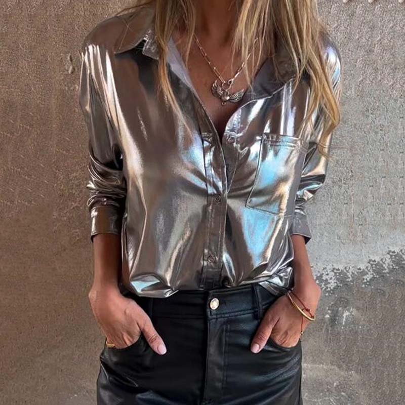 🍂Fall Specials 49% OFF🍂Women's Shimmer Metallic Leather Button-Up Shirt