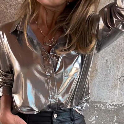 🍂Fall Specials 49% OFF🍂Women's Shimmer Metallic Leather Button-Up Shirt