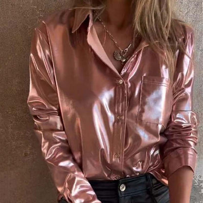 🍂Fall Specials 49% OFF🍂Women's Shimmer Metallic Leather Button-Up Shirt