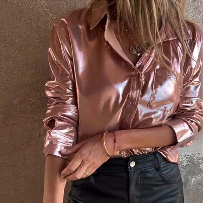 🍂Fall Specials 49% OFF🍂Women's Shimmer Metallic Leather Button-Up Shirt