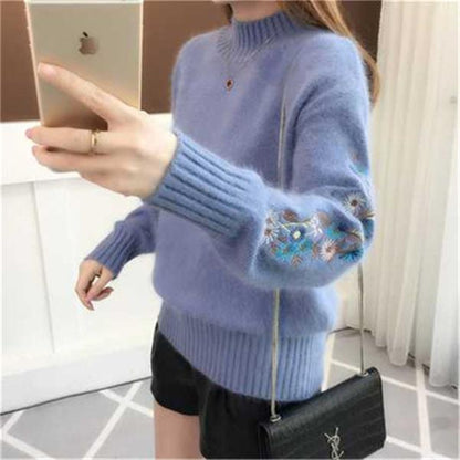 Cashmere Knitted Floral Embroidery Thick Sweater