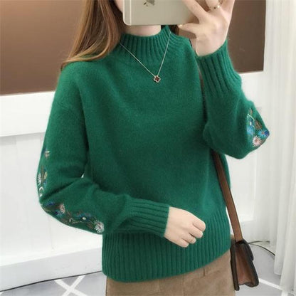 Cashmere Knitted Floral Embroidery Thick Sweater