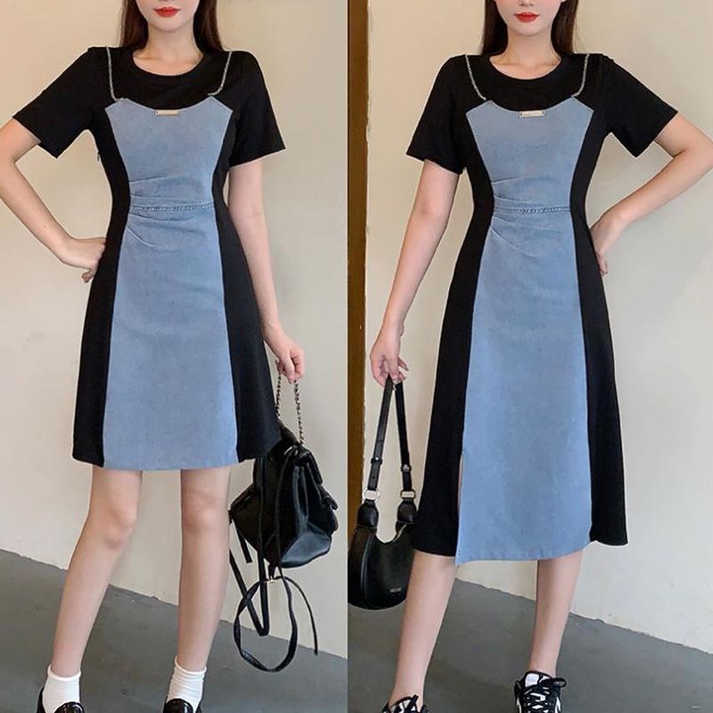 [Visually Slimming 5kg] Vintage Denim Spliced Fake 2-piece Dress