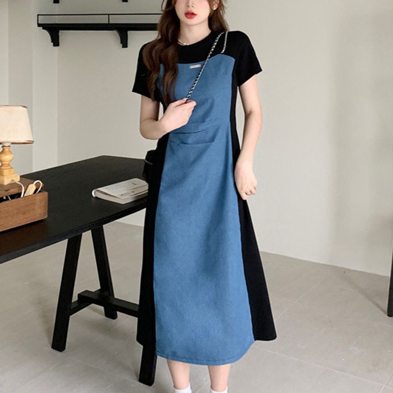 [Visually Slimming 5kg] Vintage Denim Spliced Fake 2-piece Dress