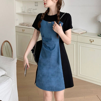 [Visually Slimming 5kg] Vintage Denim Spliced Fake 2-piece Dress