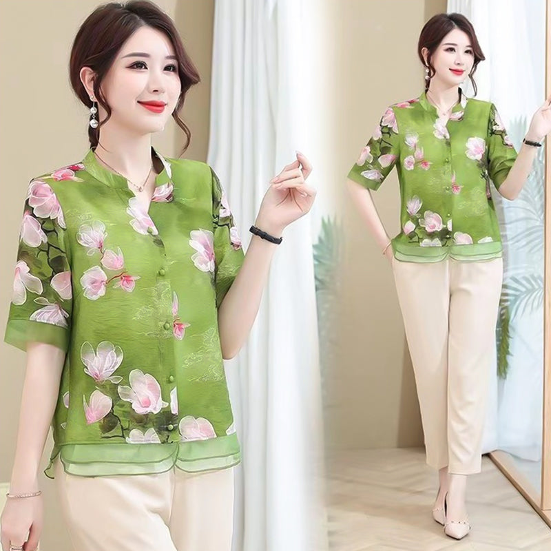 Women’s Summer Breathable Floral Short Sleeve & Pants Suit