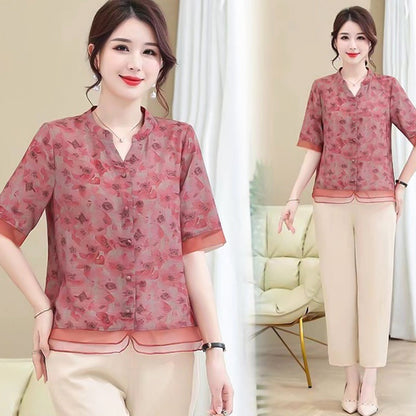 Women’s Summer Breathable Floral Short Sleeve & Pants Suit