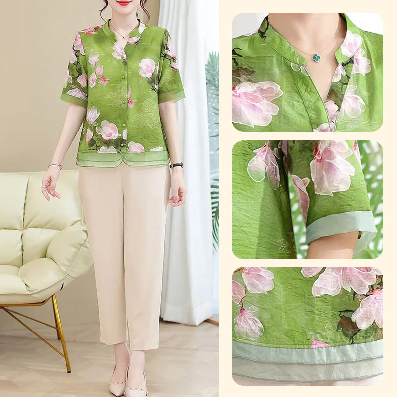 Women’s Summer Breathable Floral Short Sleeve & Pants Suit