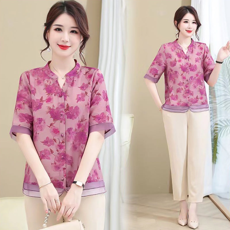 Women’s Summer Breathable Floral Short Sleeve & Pants Suit