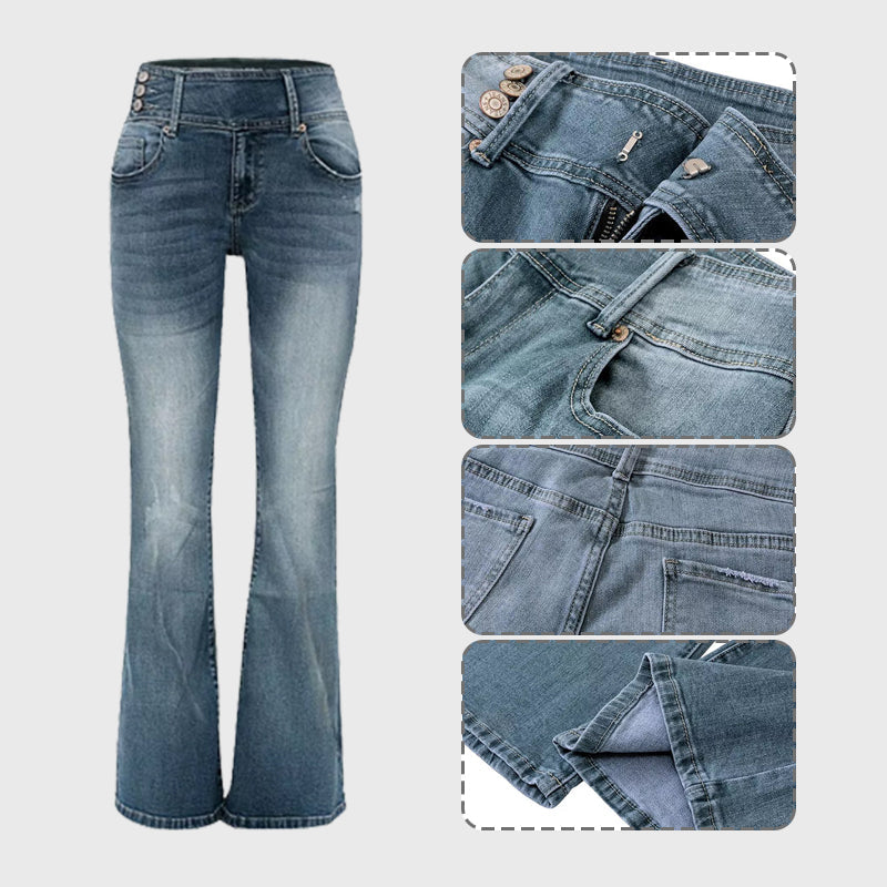 Vintage Side Buttons Mid-rise Bell Bottom Jeans