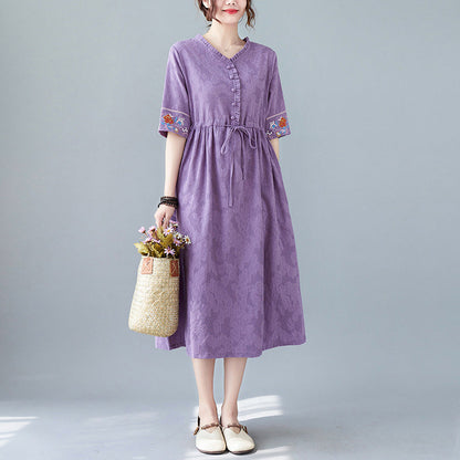 Embroidered Waist Drawstring Cotton Linen Dress