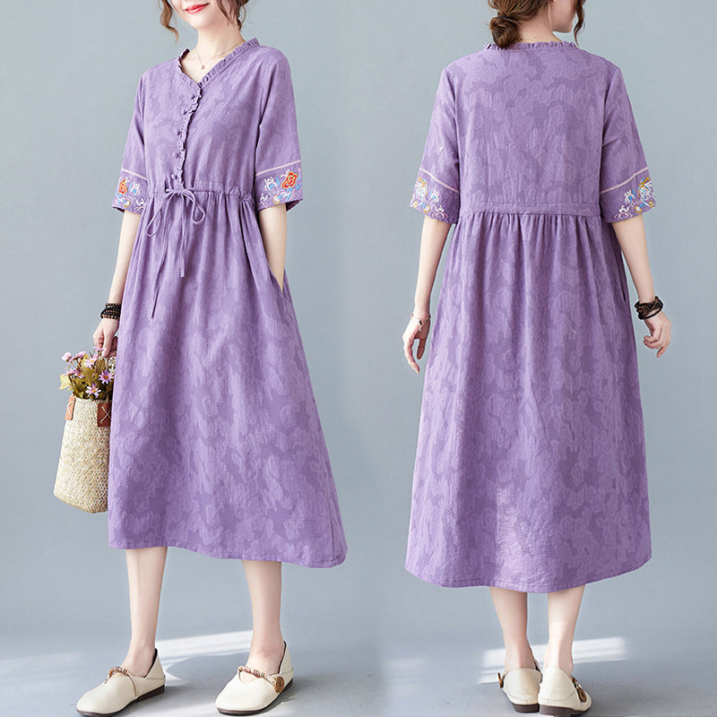 Embroidered Waist Drawstring Cotton Linen Dress