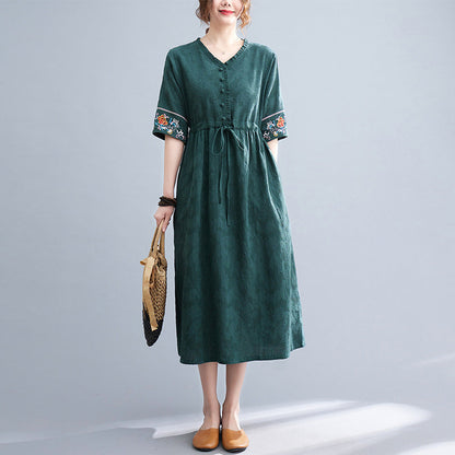 Embroidered Waist Drawstring Cotton Linen Dress