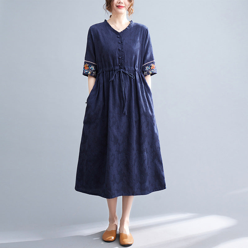 Embroidered Waist Drawstring Cotton Linen Dress