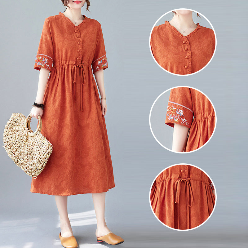 Embroidered Waist Drawstring Cotton Linen Dress