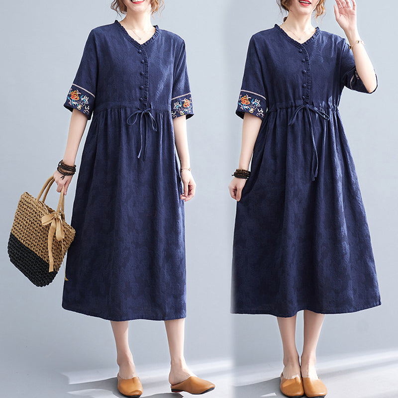 Embroidered Waist Drawstring Cotton Linen Dress