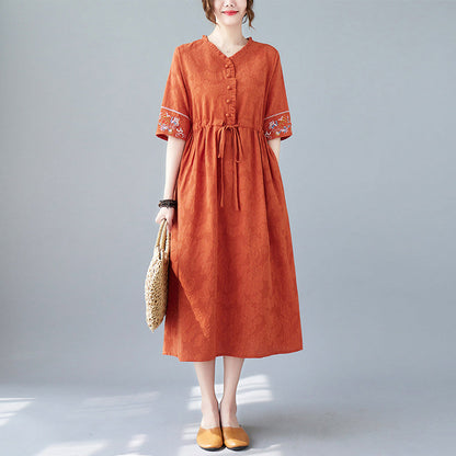 Embroidered Waist Drawstring Cotton Linen Dress