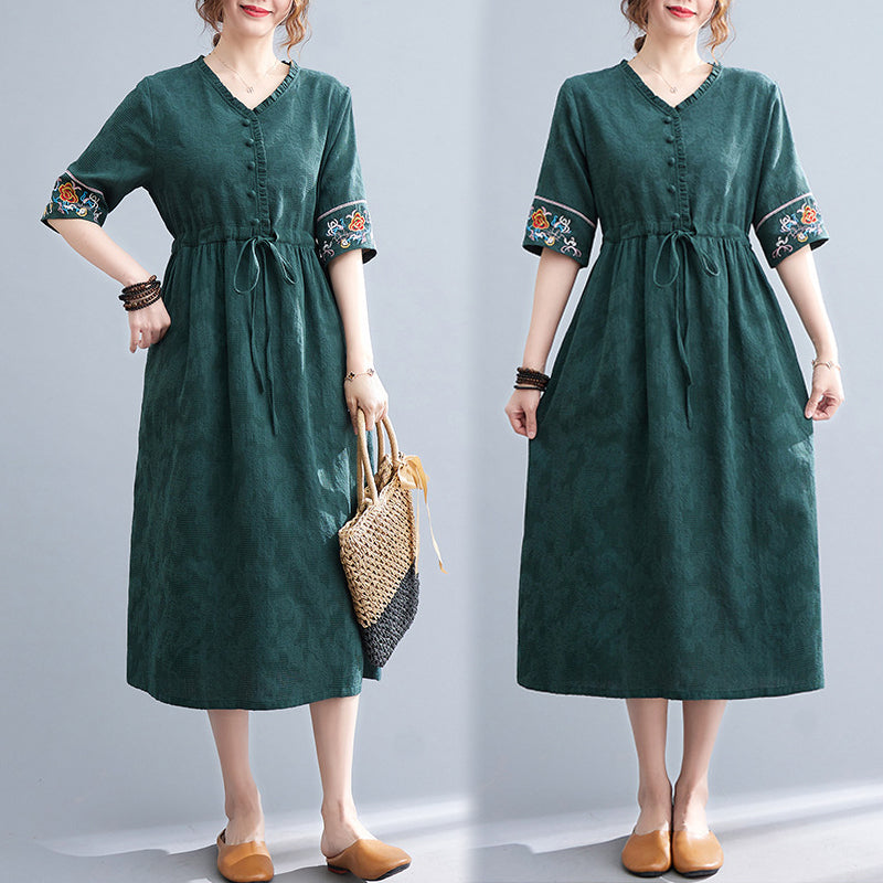 Embroidered Waist Drawstring Cotton Linen Dress