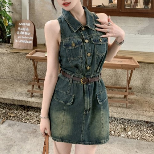 【Belt Included】Vintage Lapel Slimming Split Denim Dress