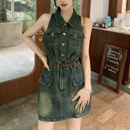 【Belt Included】Vintage Lapel Slimming Split Denim Dress