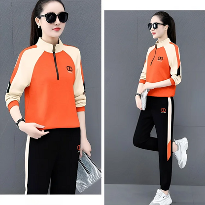 Women's Contrast Color Stand Collar Sweatshirt 2 Pieces Set