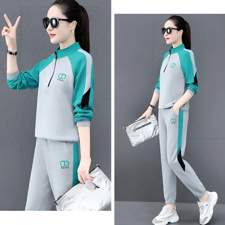 Women's Contrast Color Stand Collar Sweatshirt 2 Pieces Set