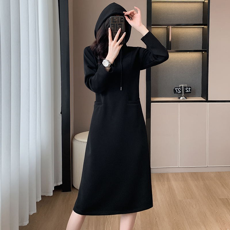 [Gift For Women] Women's Long Sleeve Hooded Pockets Sweatshirt Dress