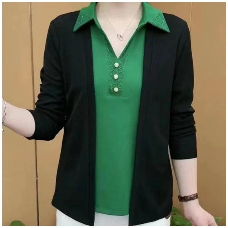 2-in-1 Sparkling Lapel Top for Middle-Aged Women