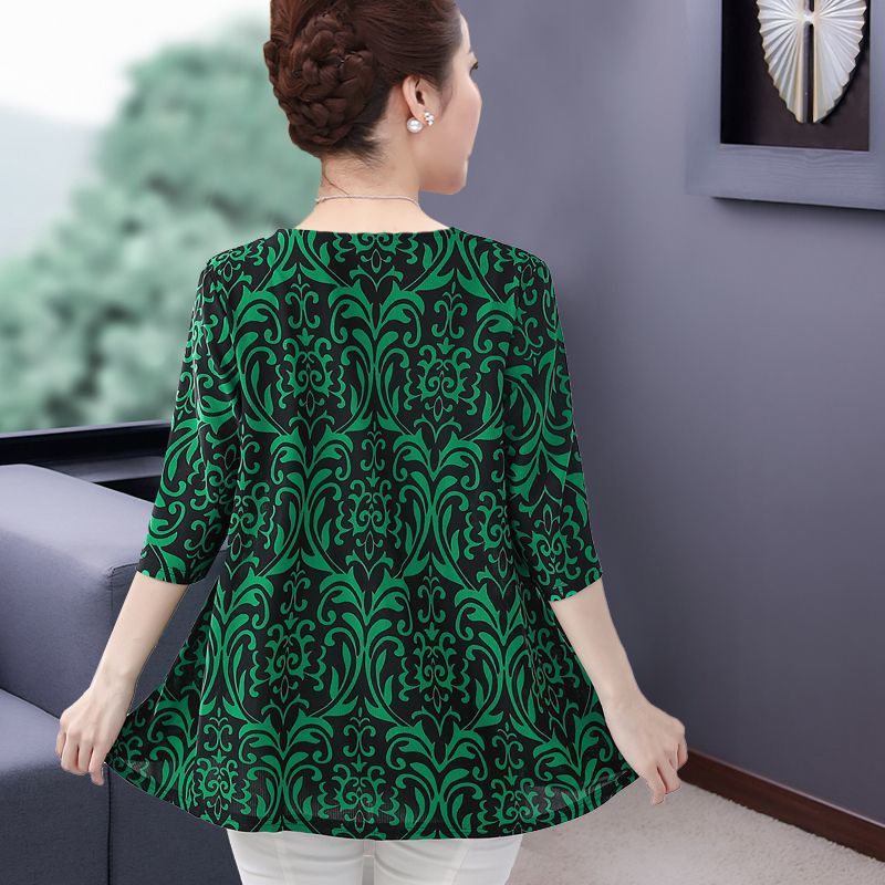 Plus Size 3D Printed Short Sleeve Top for Middle-Aged Women